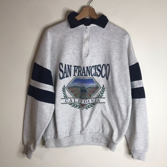 Vtg rare 80s San Francisco colorblock cotton halfzipper sweatshirt size XL - Picture 1 of 12